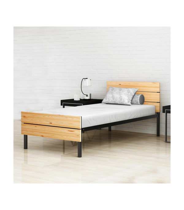 Benne Twin Size Metal Bed with Solid Wood Foot / Head Rest (Black / Natural Pine)