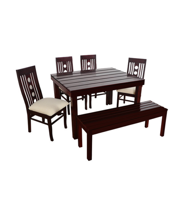 Franco Teak Wood 6 Seater Dining Table Set With Bench (Mahogany Polish)